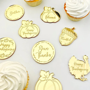 Décorations de cupcakes en acrylique miroir doré pour Thanksgiving, formes citrouille et dinde, pour mini-gâteaux, fournitures de fête - Product Image 1