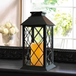 Modern Traditional Decorative Metal Lantern With Battery Flicker Flame Led Candle Light Black, For Indoor Outdoor Use