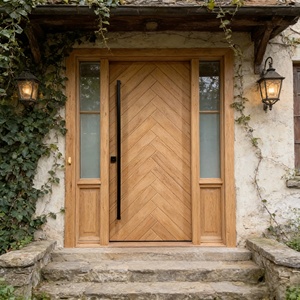 Porte d'entrée en teck massif de luxe, porte pivotante extérieure moderne à chevrons avec vitre latérale dépolie pour villa de luxe - Product Image 5