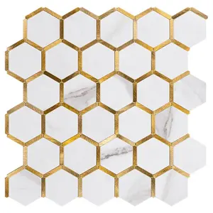 Backsplash de cozinha adesivo forte para interiores, de boa qualidade, casca e bastão, azulejo de mosaico hexagonal de alumínio