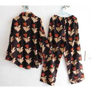 Summer Pajama Set Floral Printed 100% Cotton Long Sleeve Woven Shirt with <b>Pants</b> Comfortable Soft Breathable Nightwear - Product Image 5