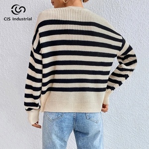Fashion Sweater Striped Yarn Knitting Wool Sweater Loose Pullover Crewneck Knitwear <strong>Woolen</strong> for Women Casual <strong>Top</strong> - Product Image 3