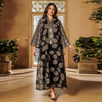 Abaya en polyester respirant et léger à imprimé feuilles et sequins, col en V, manches longues, longueur cheville, style Dubaï, Kaftan, Robe longue musulmane pour adultes