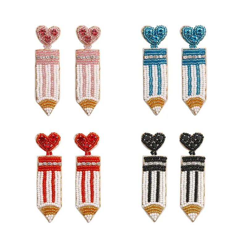 Wholesale Handmade Seed Bead Drop Dangle Earring Rhinestone Pencil Seed Beaded Teacher Earrings for Teachers Appreciation Day