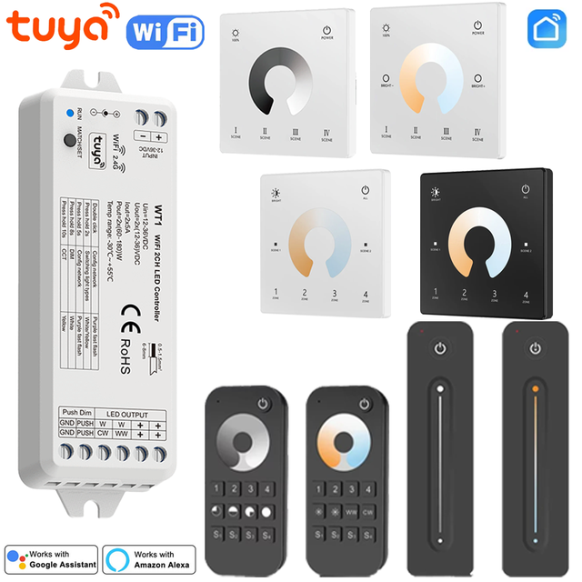 EBY WT1 Tuya Wifi LED Dimmer DC12V 24V 2CH*5A WW CW CCT Controller 2.4G RF 4-zone Remote Dimming Switch Smart Life for Alexa