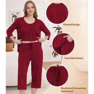 Pyjama décontracté pour femmes en viscose de bambou, manches longues, capri, vêtements de nuit doux, ensemble de pyjama 2 pièces - Product Image 4