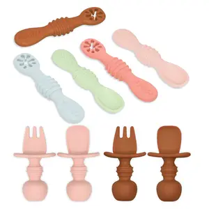 BHD Microwave Dishwasher Safe Easy To Grab Baby Training Soft Unbreakable Silicone Baby Fork And Spoon Set