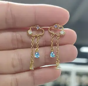 Thailand Popular Style Dainty Earring Cloud Shape Drop Chain Link Sky Blue Pear Cubic Zirconia Cute Earrings For Women