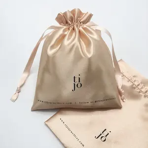 Saco de joias de cetim dourado, impressão de logotipo personalizada, bolsa de presente de cetim dourado, joias, anel, cordão, saco