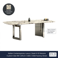 Table à manger en marbre Calacatta de style italien avec base en acier inoxydable poli miroir, 8 places, projet hôtelier Villa, OEM