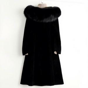 Elegant Long Winter <b>Coat</b> With <b>Fur</b> <b>Hood</b> And Pockets Thick Wool Blend Outerwear For <b>Women</b> Warm Button Closure Solid <b>Black</b> - Product Image 2