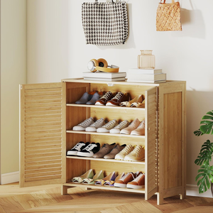 <strong>Shoe</strong> Storage Cabinet with Louvered Doors Adjustable Shelves Footwear Cupboard for Hallway Entryway Natural Wood Finish - Product Image 6