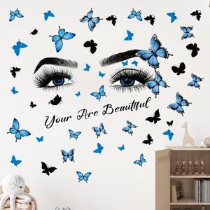 Pegatinas de pared 3D creativas con forma de ojo de mujer y mariposa azul, autoadhesivas, de PVC, impermeables, resistentes a los rayos UV, decoración del hogar para sala de estar - Product Image 5