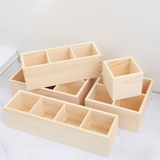 Rustic Multi-Compartment Polished Eco-Friendly Wooden Storage Organizer Craft Box Handmade Pine Caddy for Desk Kitchen DIY