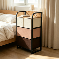 Commode à 4 tiroirs personnalisée de style nordique, avec dessus en bois, structure en métal et tiroirs en tissu, pour le salon