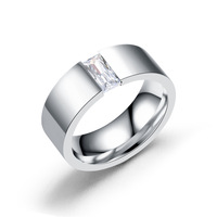 Bague large en acier inoxydable de 8 mm avec incrustation de zircon rectangulaire 4x8 mm, polie, unisexe, en stock, vente en gros