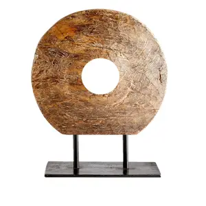 22 Inch Round Teak Wood Art Weathered Large Disc Decoration with Brown Finish Polyresin Wood Sculpture Decor on base