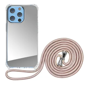 Crossbody / Wristlet Mirror Phone Cases for iPhone 14 Pro Max 15 Case with Removable Strap for iPhone Case to Hang on Neck