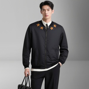 Blouson Bomber Homme Personnalisé en Toile Vintage Noire, Fin, Automne-Hiver, Style Universitaire, Fermeture Éclair, Respirant, Tricoté - Product Image 1