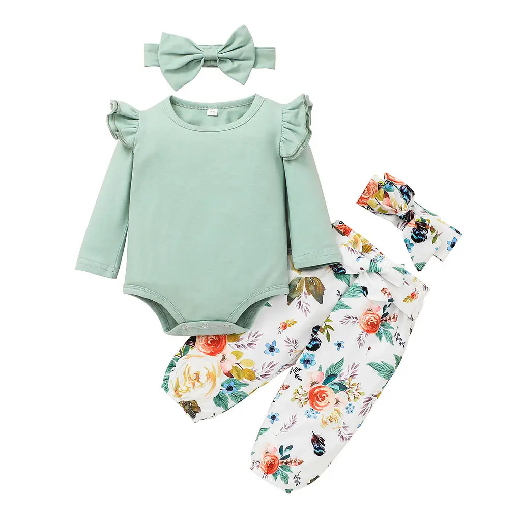 Vestiti delle neonate autunnali da 6 mesi a 4 anni Set di pagliaccetti per vestiti per bambini in cotone a maniche lunghe con volant floreali lavorati a maglia