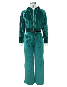 Survêtement en <span class=keywords><strong>velours</strong></span> Ensemble deux pièces pour femme Manteau court d'automne à fermeture éclair avec <span class=keywords><strong>pantalon</strong></span> long Ensemble décontracté 2 pièces pour femme - Product Image 5