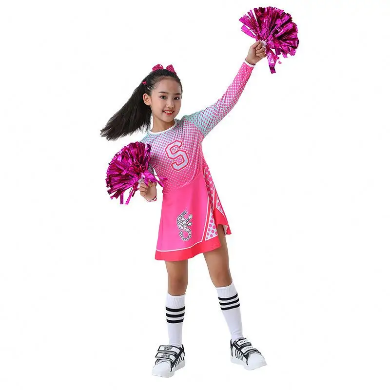 Neuzugänge anpassbare Kinderfußball-Tanz-Show-Uniform Kindermädchen rosa Cheerleader-Kostüm Spiel-Team-Cheerleading-Kleid