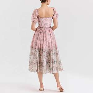 Robe midi d'été décontractée pour femme, couleur rose, imprimé floral, taille à lacets, manches courtes, fermeture éclair au dos, avec doublure - Product Image 3
