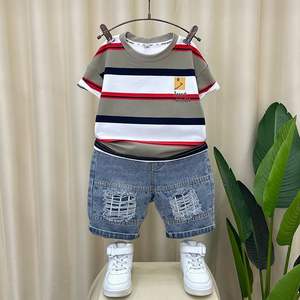 2025 <strong>Kids</strong> <strong>Boy</strong> Summer Clothes Set Striped Green White T-shirt + Distressed Denim <strong>Shorts</strong> 2 Pcs <strong>Boy</strong> Set - Product Image 4