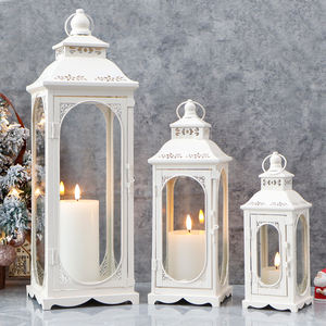 Lanterne à <span class=keywords><strong>bougie</strong></span> en métal blanc Bougeoir vintage Verre Blanc <span class=keywords><strong>Grande</strong></span> lanterne Ensemble pour la décoration intérieure - Product Image 6