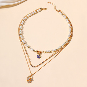 Collares multicapa exagerados para mujer, <span class=keywords><strong>cadena</strong></span> de perlas de imitación, colgante de ojo y <span class=keywords><strong>palma</strong></span> con diamantes de imitación, joyería de fiesta - Product Image 2