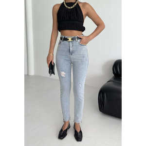 Breathable Asymmetrical Leg Ladies Denim Pants Slim/Skinny Baggy Cargo Pencil Trousers with <b>Elastic</b> <b>Waist</b> Stretch Style - Product Image 1