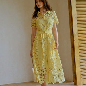 <span class=keywords><strong>Abiti</strong></span> in pizzo massiccio 2025 moda estiva elegante con risvolto monopetto con cintura a maniche corte abito <span class=keywords><strong>Midi</strong></span> - Product Image 1