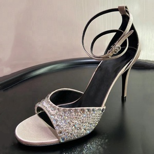 Sandales à talons hauts pour femmes Bling Diamonds, talons aiguilles, bout ouvert, en soie, avec strass, chaussures de soirée pour femmes - Product Image 5