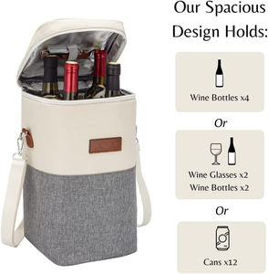 Sac isotherme pour vin en PEVA, capacité 4 bouteilles, extérieur en coton bicolore, bandoulière réglable - Product Image 2