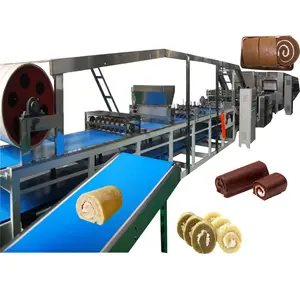 Línea de procesamiento de pasteles de capa completamente automática Línea de producción de fabricación de rollos suizos Máquina cortadora de pasteles de esponja