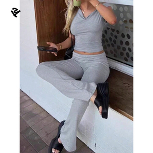 F240559 Của Phụ Nữ Y2K 2 Mảnh Trang Phục Thấp Tăng Bùng Yoga Quần Và Ngắn Tay Áo Tắt Vai Crop Top Loungewear Phụ Nữ Bộ - Product Image 2
