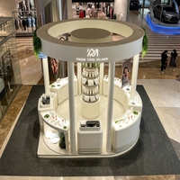 Kiosque de beauté circulaire sur mesure en bois, comptoir d'exposition de cosmétiques pour la promotion de produits de soin de la peau en centre commercial