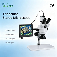 Microscopio Estéreo Trinocular SCIEDU 7X-45X para Reparación de PCB, Pantalla LCD de 8 Pulgadas, Certificado CE, Anillo de Luz LED de 56 LED, Inspección Industrial