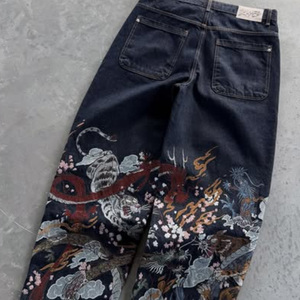 <span class=keywords><strong>Jeans</strong></span> streetwear baggy Y2K, style hip-hop, avec couture personnalisée, bleu délavé soleil, effet vintage, délavé à l'acide, broderie 3D et motif graphique japonais - Product Image 3