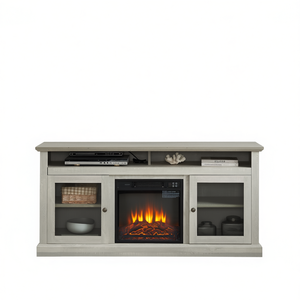 Meuble TV contemporain gris pierre 60W avec insert de cheminée 18 pouces, rangement ouvert et fermé pour téléviseur 65 pouces, console de divertissement moderne - Product Image 1