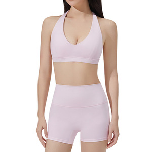 Yoga Set Sports Bra With Removable Pads Deep V Neck High Waist Shorts For Women Nylon 2 Piece Airy Blue - Product Image 3