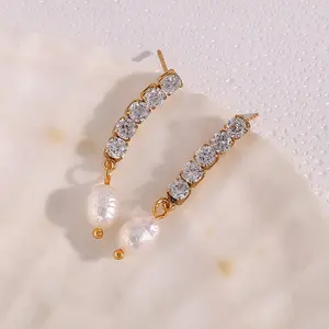 Shining Crystal Zircon Chain Drop Earring Fresh Water Pearl Stud Earring For Women 18k Gold Plated Stainless Steel Earring