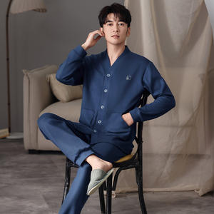 Pigiama da <span class=keywords><strong>uomo</strong></span> in velluto tedesco caldo e traspirante autunno/inverno, completo intero a maniche lunghe, taglie forti, in maglia 180g, tinta unita - Product Image 6