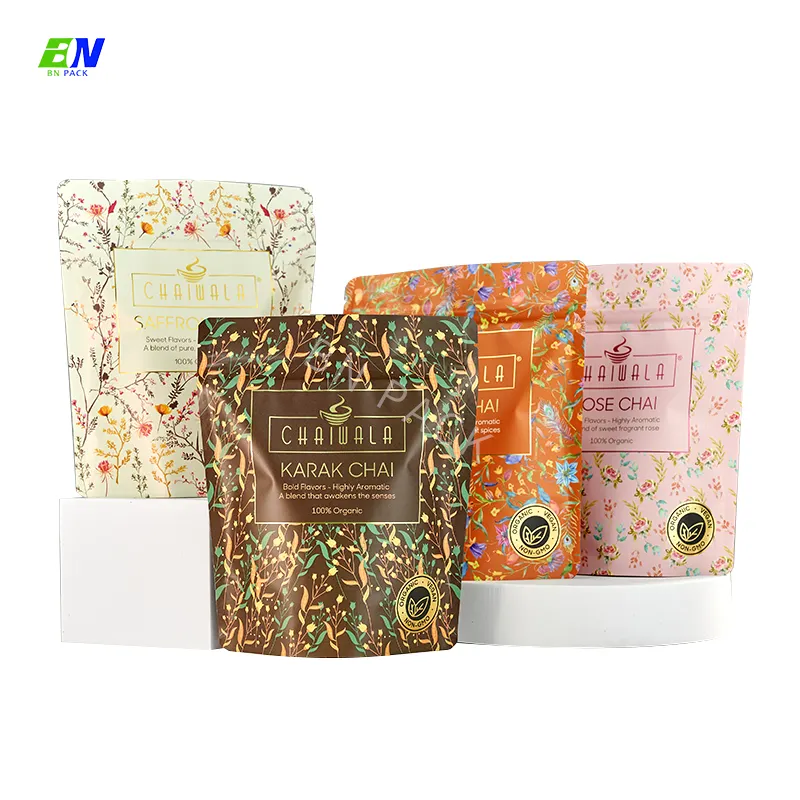 OEM custom 100g colore oro stampa foglio di plastica richiudibile foglia di fiore ECO friendly sacchetto di imballaggio per caffè matcha bustina da tè