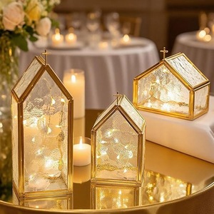LANJO Gold Metal & Textured Glass House-Shaped Candle Holders for Elegant Home Decor Brass Metal <b>Lanterns</b> <b>Set</b> Of 3 - Product Image 1