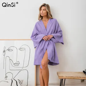 QINSI femme été vêtements de nuit solide pyjamas ceintures coton peignoir décontracté à manches longues col en V vêtements de nuit Robes amples pour les femmes