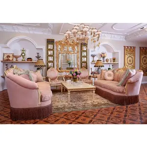 Романтические элегантные оранжево-розовые жаккардовые европейские ткани цвета слоновой кости белого золота традиционные однотонные комплекты для гостиной домашняя мебель