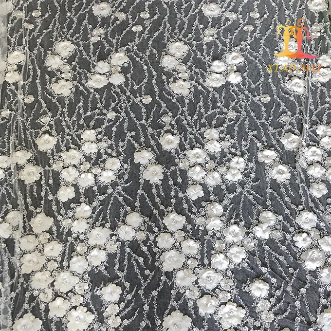 Chất lượng cao 100% polyester handmade Craft 3D hoa thêu Bridal đính cườm vải tuyn vải XM-BF0735