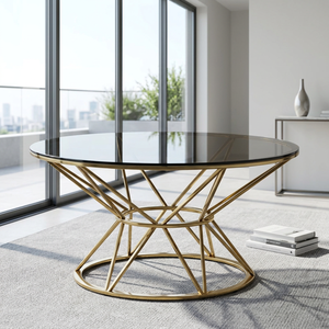 AK Brass High Quality <b>Round</b> Iron Metal Coffee <b>Table</b> <b>Gold</b> Finish with Glass Top Modern Design for Balcony Room Home Furniture - Product Image 1