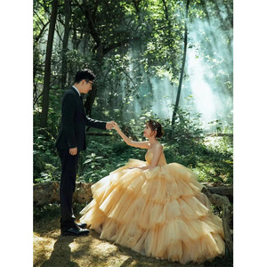 Yellow Strapless Tulle Ball Gown Wedding Dress Empire Waistline Candy Color Outdoor Themed Photography Dress - Product Image 1